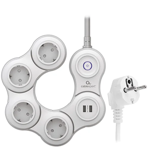Сетевой фильтр + зарядка Cablexpert Snake SNK-4-U2-W-2, Белый 4 розетки, 10A, 2 USB switch, White