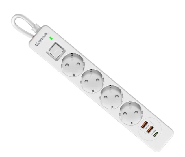 Сетевой фильтр Defender DFS 143 - 3,0 М, 4 розеток, 2xUSB, 1xType-C, белый